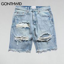 GONTHWID déchiré détruit en détresse Denim Shorts hommes trou Denim Shorts bleu mâle Hip Hop décontracté Dot jean court