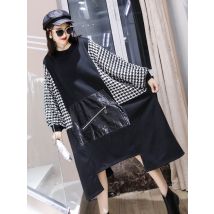 SuperAen Plaid Patchwork col rond pleine mince robe de grande taille pour les femmes