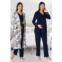 LOHUSA HAMILE 8094 motif fleuri ROBE de maternité et pyjamas de maternité couleur bleu foncé 3 pièces ensemble
