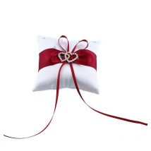 Oreiller porte-anneau en Satin Polyester | Taie d'oreiller, nœud papillon Vintage, strass de mariage 1 pièces, oreillers de bague blancs pour mariage, Double cœur