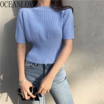 OCEANLOVE tricoté solide t-shirt femmes à manches courtes col rond décontracté tout Match Ropa Mujer printemps été pulls 15471