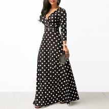 Femmes à pois à manches longues Boho robe élégante Vintage femmes robes soirée col en V Maxi longue robe de dames robes