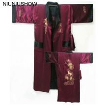 Robe de bain à deux faces en Satin de soie pour hommes, Kimono brodé, taille unique, rouge bordeaux noir réversible, Dragon, S3003