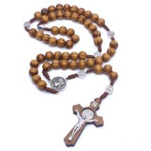 fait main perle ronde chapelet catholique croix perles de bois religieux hommes breloque collier