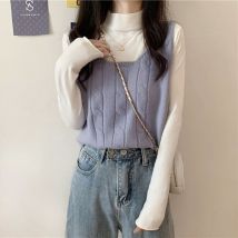 automne Chic doux gilet chandails femmes Preppy Style col carré sans manches couleur unie mince tricoté pull pour étudiant