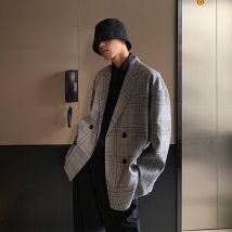 automne couleur unie vêtements de sport unique tendance coréenne Ins hommes Plaid lâche d'affaires costume veste