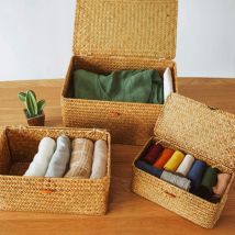 Bacs de rangement en osier tissé avec couvercle-lot de 3-panier/panier de rangement rectangulaire en jonc de mer pour organisateur d'étagère