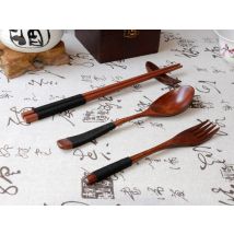 Ensemble de fourchette en bois cuillère ensemble de vaisselle japonaise longue poignée bois cuillère fourchette baguettes Portable extérieur ensemble de couverts vaisselle 12.1