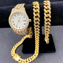 Miama – montre pour hommes et femmes, Bracelet glacé, chaîne cubaine, ras du cou, ensemble de bijoux en or