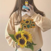 Japonais Coréen Style Tournesol Imprimer Sweat Femmes À Manches Longues O-cou Lâche Pulls Décontracté À Capuche Haut Femme Sweat