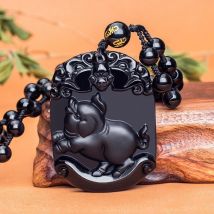 Naturel noir obsidienne zodiaque cochon Jade pendentif collier chinois sculpté à la main bijoux de amulette accessoires pour hommes femmes