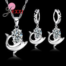jolie CZ cubique zircone ensemble de bijoux 925 en argent Sterling romantique dauphin pendentif collier et boucles d'oreilles ensemble