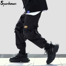 hommes Hip Hop Cargo pantalon Streetwear Cargo pantalon poches Swag ruban Harajuku noir pantalon Joggers cheville longueur survêtement pantalon