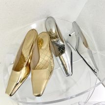 Mules à bout rond pour femmes, or et argent, pantoufles, chaussures légères à talons mi-fins, Mules de fête, sans lacet