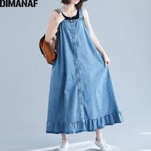 DIMANAF – robe en Denim sans manches pour femmes, vêtement de base à volants, décontracté, en coton, grande taille, collection automne