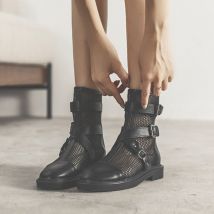 Rimocy creux court Cool bottes femmes été confortable respirant plate-forme bottes femme solide noir dos fermeture éclair chaussures