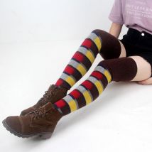 Chaussettes chaudes et épaisses en laine pour femme, au dessus des genoux et des jambes, en Patchwork, tendance, LWB004
