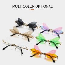 sans monture libellule aile lunettes de soleil femmes Vintage clair océan lentille lunettes hommes rose jaune lunettes de soleil nuances UV400