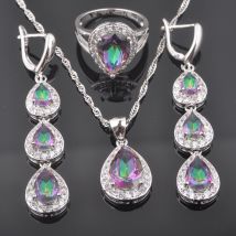 Goutte d'eau multicolore arc-en-ciel zircone couleur argent bijoux fantaisie ensemble boucles d'oreilles anneau collier ensemble de mariage QZ0570