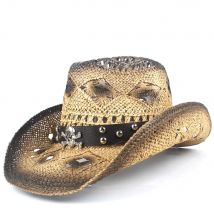 Chapeau de Cowboy occidental creux en paille, Punk, fait à la main, Fedora Sombrero Hombre, plage, Cowboy Jazz, chapeau de soleil, taille