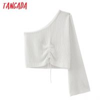 Tangada corée chic femmes hors épaule mince pull vintage dames plissé tricoté pull hauts QJ168