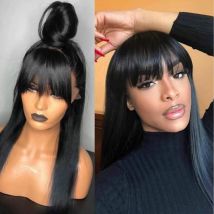 Perruque longue droite avec frange perruques de cheveux synthétiques Bang avec perruque pour femme perruques résistantes à la chaleur brun noir