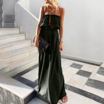 CHAMSGEND épaules dénudées en mousseline de soie robes d'été femmes à volants plissé longue robe armée vert lâche plage robe