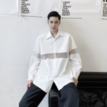 Homme femmes japon Streetwear noir blanc Couple chemise scène vêtements hommes Transparent maille épissure décontracté à manches longues chemise