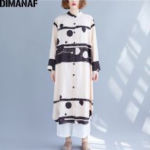 DIMANAF grande taille femmes robe automne décontracté imprimer grande taille femme dame robes lâche à manches longues chemise robe bouton mince
