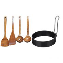 4 pièces, cuisine cuisson cuillère à spatule en bois, spatule plate en bois et 1x moule à crêpes à oeufs ronds