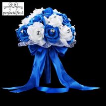 Bouquet de mariage bleu et blanc, Bouquet de mariage fait à la main, Rose artificielle
