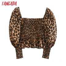 Tangada femmes imprimé léopard coupe chemise manches bouffantes chic femme sexy mince chemise hauts 5Z224