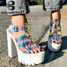 BONJOMARISA INS coloré PVC sandales Cool haut bloc talons sandales femmes été parti plate-forme chaussures femme