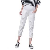 Jean blanc pour femmes enceintes, pantalon de grossesse confortable, ample, à la , troué