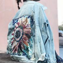Femmes Veste en jean féminin printemps automne Boho Sequin Appliques florales broderie manteau à manches longues vêtements d'extérieur femme Veste femme
