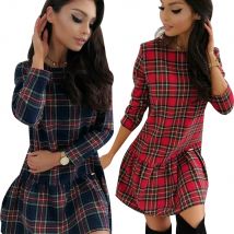 Robe à carreaux pour femmes à manches longues automne col rond ample dame Mini robe rouge décontracté automne femme robe de soirée Vestido