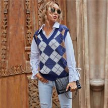 tendance femmes Argyle gilet automne hiver sans manches col en v couleur bloc débardeur dames décontracté mince Outwear