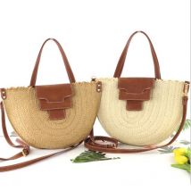 sac tissé en paille de papier semi-circulaire, couverture en cuir rétro, sac de messager tissé, sac à bandoulière, sac de voyage de plage d'été pour femmes