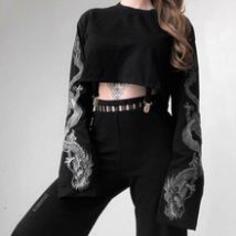 Gothique Femmes Sweat Dragon Imprimé Manches Longues Haut Col En O Dames Pull Large Pulls Tops Automne Vêtements