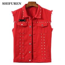 SHIFUREN homme gilet en jean Style Punk Rock Rivet Cowboy rouge jean gilet simple boutonnage homme moto veste sans manches