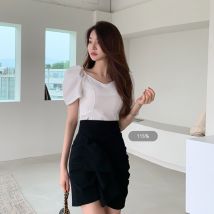 Costume femme été style coréen mince mot col était mince veste irrégulière jupe courte deux pièces costume