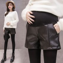 1079 # noir PU Shorts de maternité Auutmn hiver Shorts pour femmes enceintes réglable ventre jambe large Shorts de grossesse en vrac