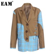 [EAM] femmes kaki Plaid point grande taille Blazer revers à manches longues coupe ample veste marée printemps automne 1Z176