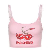 Femmes Sexy Spaghetti sangle volants haut court mauvaise cerise imprimé dos nu Camisole 83XF