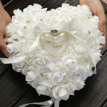 Porte-anneau en Satin ivoire cérémonie de mariage | Oreiller coussin, fleur Rose, décor d'oreiller en forme de cœur