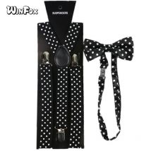 Winfox-bretelles Vintage hommes points Polka | Avec nœud papillon, bretelles pour chemise, couleur noir blanc pour femmes, 2.5 cm large, ensemble avec bretelles élastiques