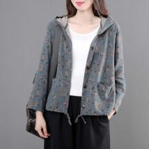 Femmes coton lin décontracté à capuche veste automne Vintage imprimé à fleurs en vrac confortable vêtements de dessus pour femmes manteaux P1477