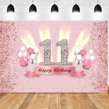 Banderole de décoration pour fête d&#39;anniversaire, ballon rose doux de 11 ans, arrière-plan pour photos de filles