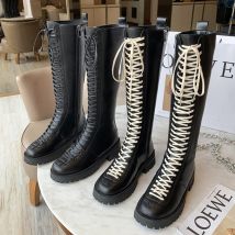 Bottes hautes en fourrure à semelle épaisse pour femme, bottes d'équitation à lacets, Cool, Punk, taille 35-40, hiver