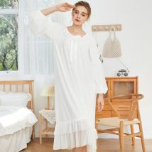 Longue robe de nuit blanche pour femmes, jupe de nuit princesse, manches bouffantes, gaze, ample, joli pyjama en dentelle avec nœud papillon, vêtements de nuit